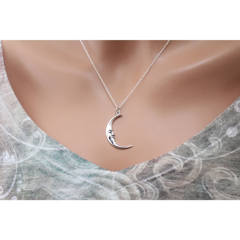 Sterling Silver Large Smiling Moon Pendant, Silver Large Smiling Moon Charm - Picture 3 of 3
